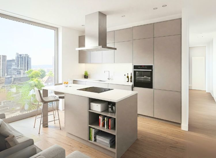 27. Compact And Smart Kitchen Layout Penthouse design showcasing compact and smart kitchen layouts with space-efficient cabinetry, integrated appliances, and ergonomic designs for maximum functionality in smaller kitchens.