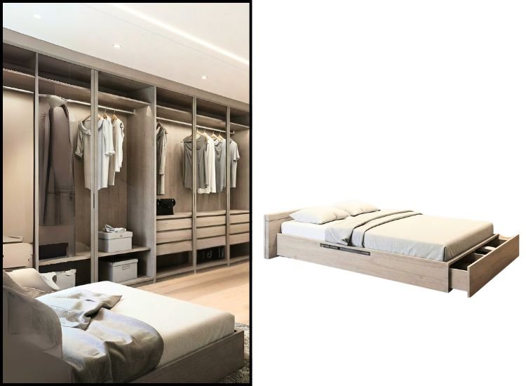 28. Custom Walkin Closet And Storage Bed Penthouse design featuring custom walk-in closets and storage beds, offering tailored storage solutions with sleek, built-in shelves and hidden compartments for a clutter-free, organized space.