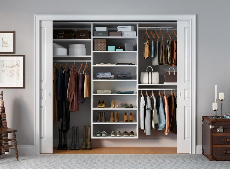 Reach-in wardrobe design, efficiently utilizing space with a streamlined layout and integrated storage solutions for easy access and organization.