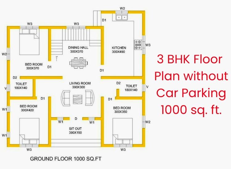 A modern 3 BHK house plan without car parking features a sit-out area and spacious rooms, offering balanced living spaces and stylish design.