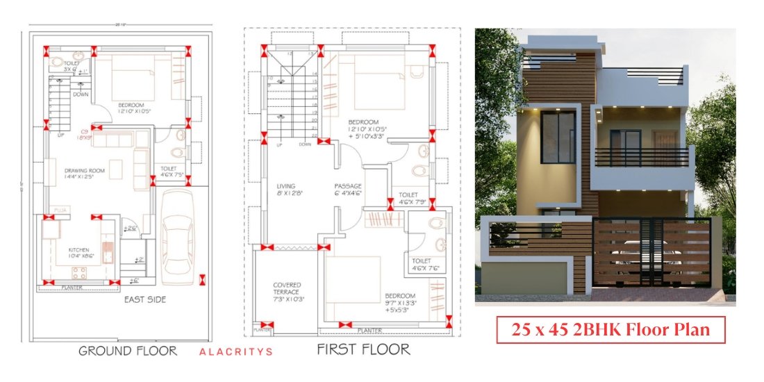 3 BHK Floor Plans Of 25 x 45