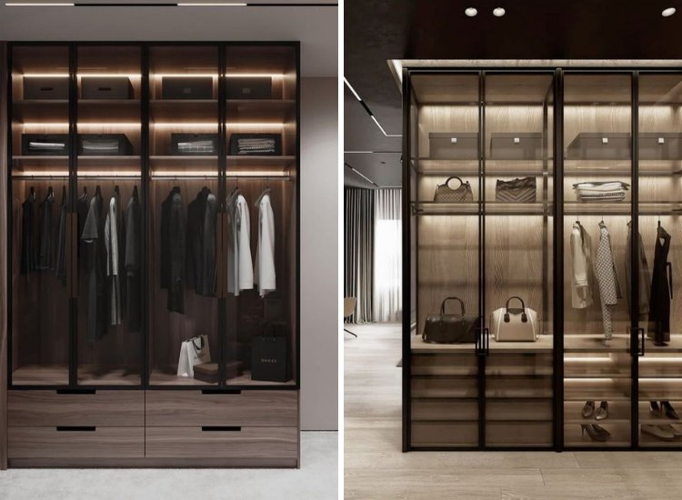 Hinged door reach-in wardrobe in plywood and glass, combining durability and elegance for efficient storage in smaller spaces.