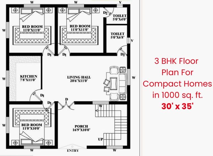 A 3 BHK plan built specifically for small homes, optimizing space with elegantly planned rooms for improved living comfort and efficiency.