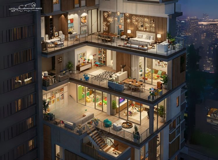 33. For Families Penthouse design for families, featuring spacious layouts, family-friendly zones, and ample storage to accommodate the needs of both adults and children in a modern living space.