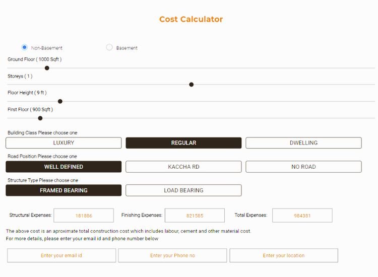 Cost calculator on the official MP Birla Cement website shows the estimated cost for constructing a 1000 sq. ft. ground + 1 floor home.