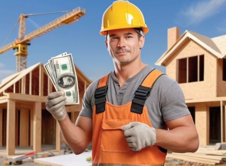 A construction labourer holding money in hand, involved in the home construction process, showcasing the financial aspects of building work.