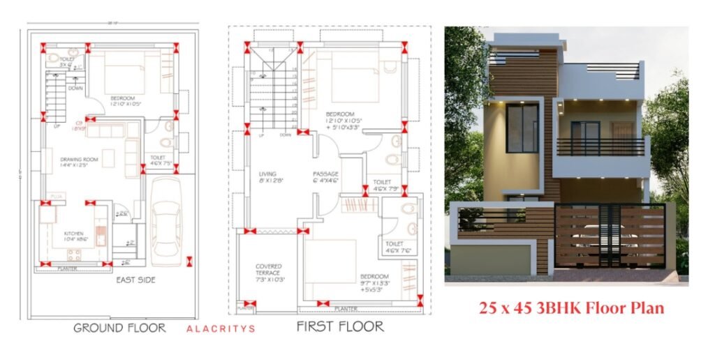 3BHK House Design of 25 x 45 | 3BHK House Design in 1000 sq.ft.