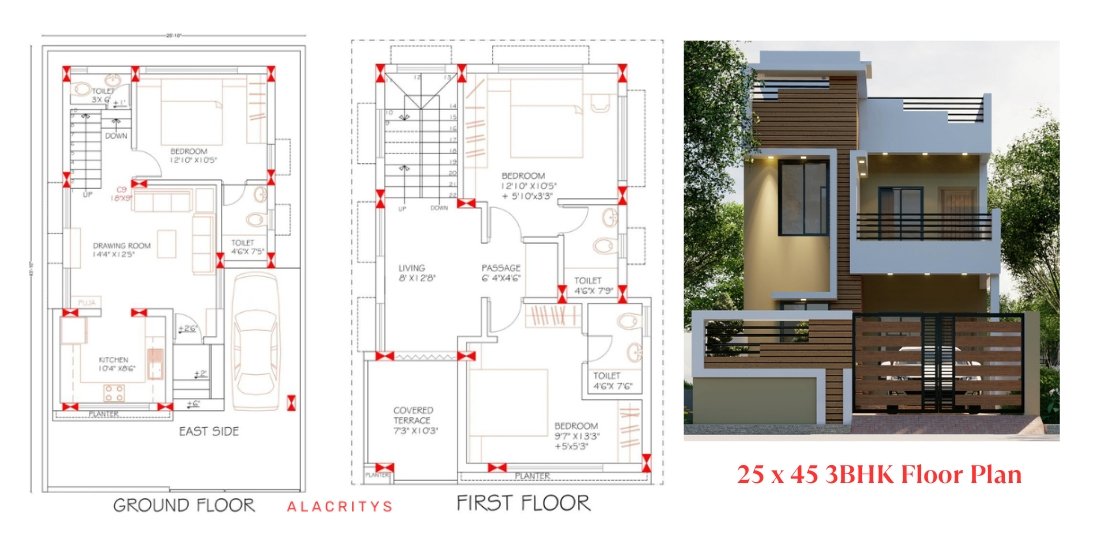 3BHK House Design Of 25 x 45