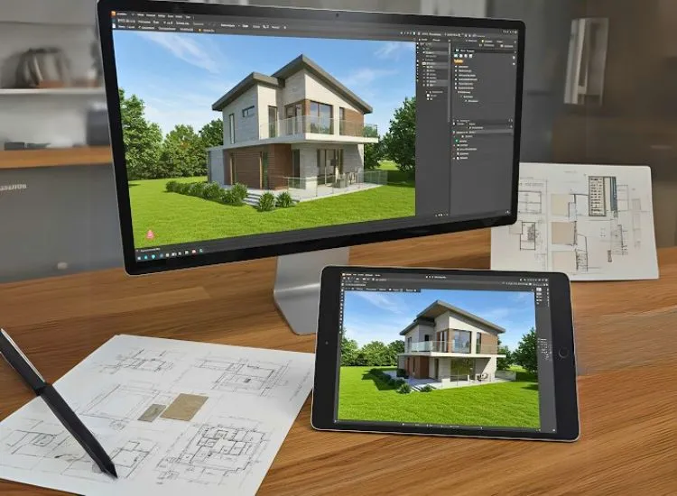 3D Visualization and AR Tools Home front elevation design enhanced by 3D visualization and AR tools, offering a futuristic approach to double-floor design planning.