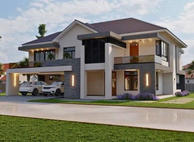 A modern, luxurious home with spacious car parking, showcasing elegant construction and high-quality finishes throughout the property.