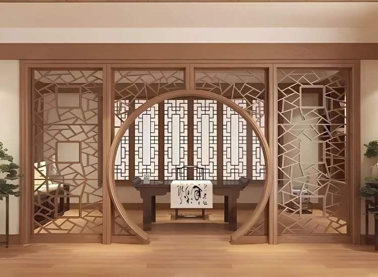 Intricate wooden lattice partition in a living room, showcasing a circular design that enhances the space's elegance and depth.