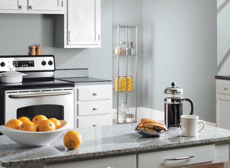 Cozy small kitchen with light grey walls, creating a spacious feel and a modern, understated elegance.