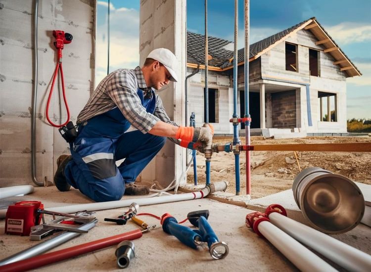 A plumbing professional working on home plumbing, using essential tools to ensure proper installation and functionality of the plumbing system.