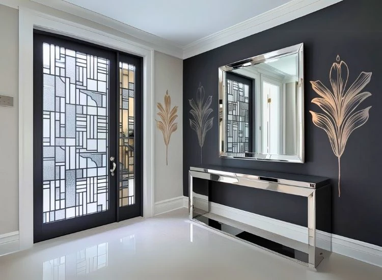 41. Patterned Entry Screen House Entrance Design Entry screen with patterns adding decorative flair to foyer entrance design, creating a stylish and functional entryway divider.