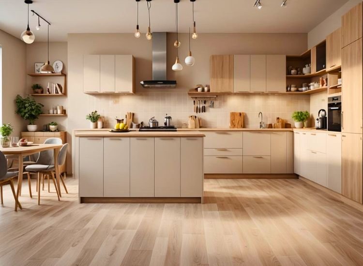 Modern kitchen design featuring wood flooring that complements the overall kitchen look, with a dining table that matches the kitchen's accents and finishes perfectly.