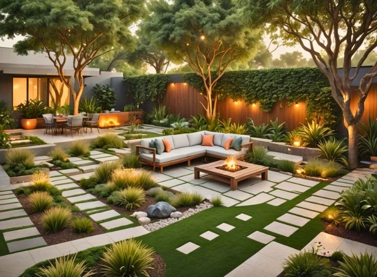 A modern backyard oasis with a stone patio, cozy seating area with a fire pit, and lush greenery. The space is beautifully landscaped with various plants and trees, featuring soft lighting that creates a warm, inviting ambiance.