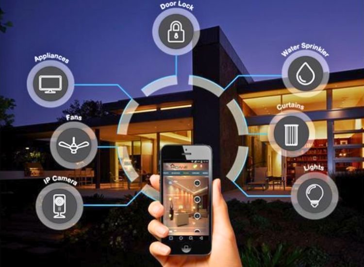 A modern home equipped with smart home features, fully controllable via a smartphone for convenient and automated living.