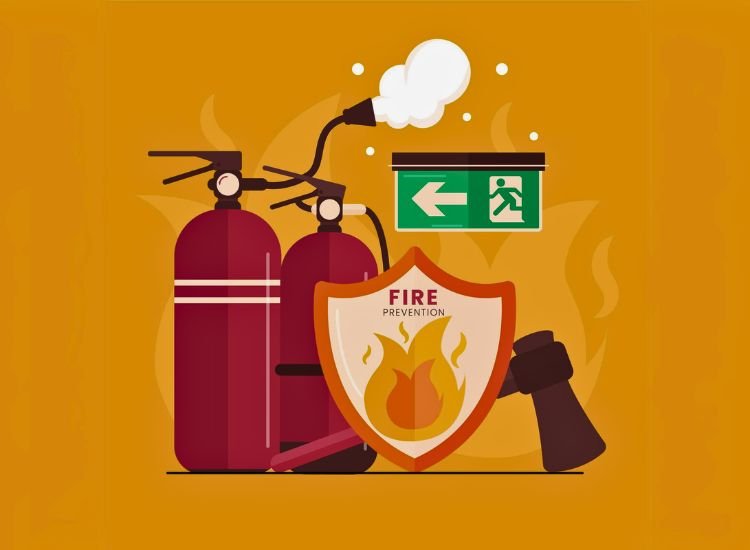 A vector art illustration depicting fire safety measures for a home, including a fire extinguisher and a clearly marked fire exit route sign.