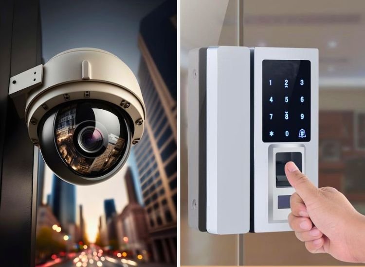 A security camera alongside a modern door lock with passcode and fingerprint integration, ensuring robust security for homes.