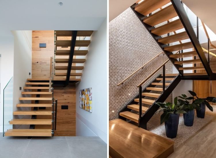 Two elegant dog-legged staircases showcasing refined design in a stylish home interior, enhancing the space's sophistication."