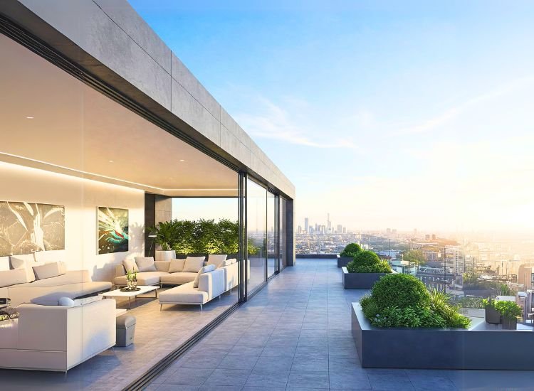 5. Indoor Outdoor Connection Penthouse design with seamless indoor-outdoor connection, featuring expansive terraces, sliding glass doors, and a natural flow between living spaces and outdoor areas.