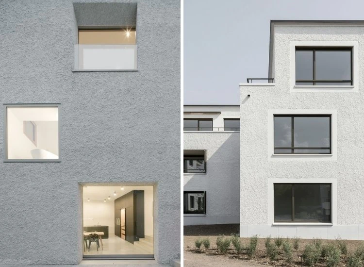 5. Stucco finish for house front design Elegant stucco finish on a home’s exterior, featuring a smooth, modern look that enhances curb appeal and architectural style.