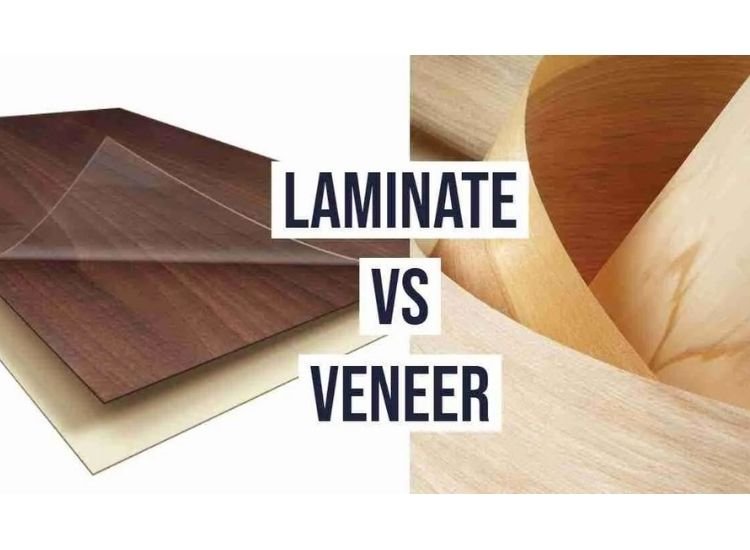 Visual comparison of veneer and laminate, highlighting appearance, and applications for design choices.