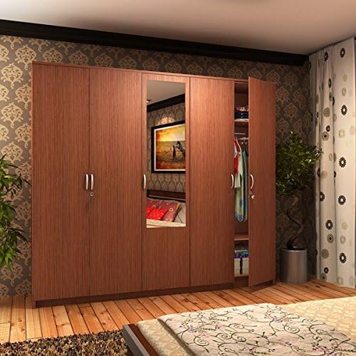 CASPIAN 5-Door Wooden Wardrobe with Mirror – Bedroom Storage Organizer.