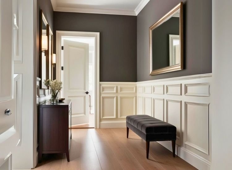 6. Elegant Molding for House Entrance Design Soft ambient entry foyer lighting with sconces enhancing foyer entrance design and cozy entryway decorating ideas.