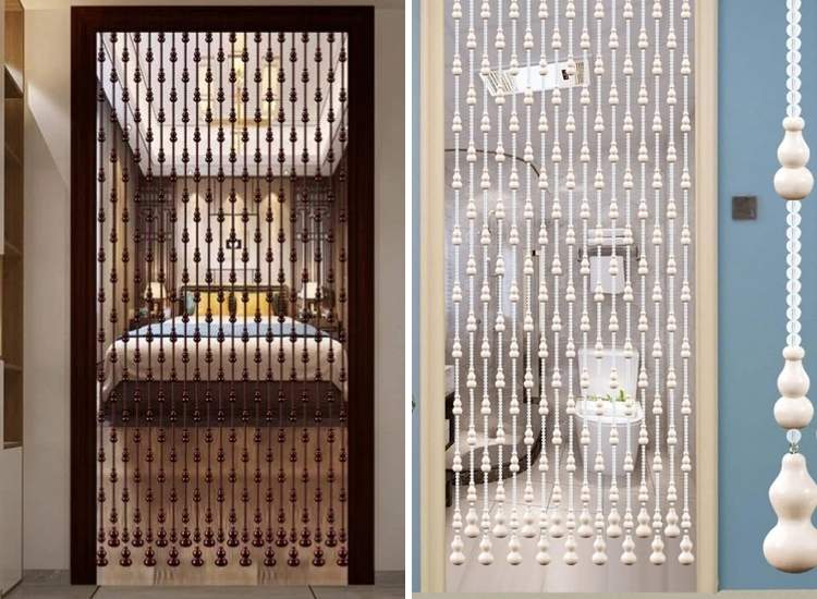 Mahogany-colored wood beaded curtain partition, offering a stylish and decorative way to separate spaces while adding warmth.