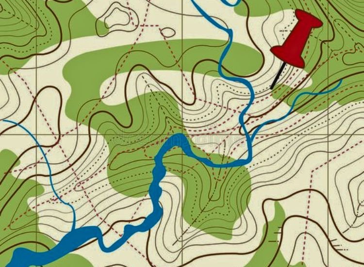 Location pin on a map highlighting various topographic zones, used to determine the most suitable area for residential purposes.