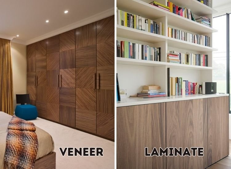 Aesthetic comparison of veneer and laminate: showcasing bedroom veneer finishes alongside bookshelf laminate designs for visual contrast.