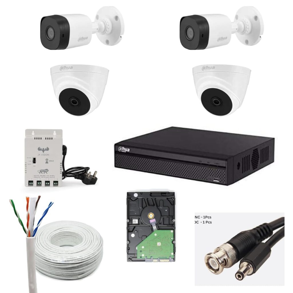Dahua 2MP with Audio HD CCTV Camera Full Set, 2 Bullet, 2 Dome, 4 Channel DVR, 4 Channel JK Vision