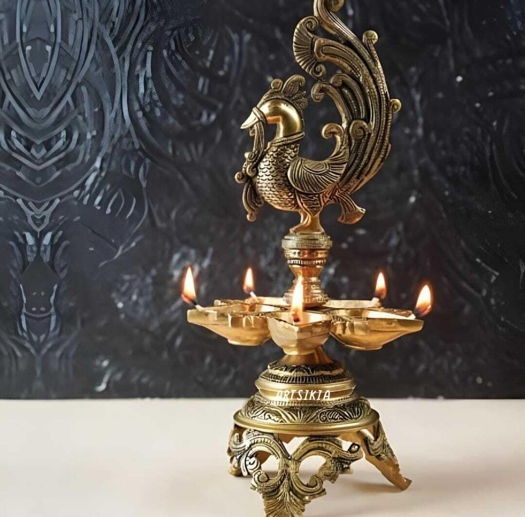 61U6H6wtj3L. SL1080 MVs Madh Ventures Brass Peacock Deepak Stand Peacock Over Ethnic Carved Legs