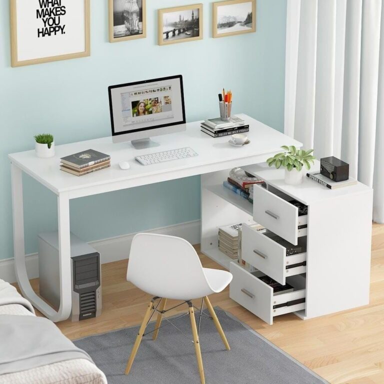 61XavjNbr5L. SL1000 Large Computer Desk for Office & Home, White L Shaped Desk with 3 Drawers