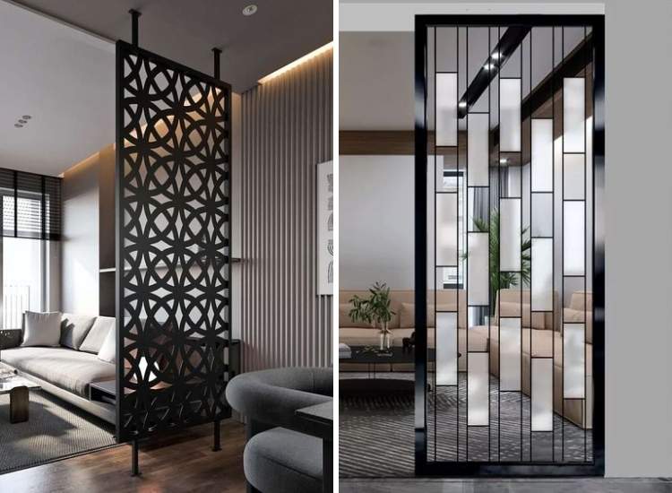 Metal and frosted glass partition, providing privacy while maintaining a contemporary aesthetic with a sleek design.