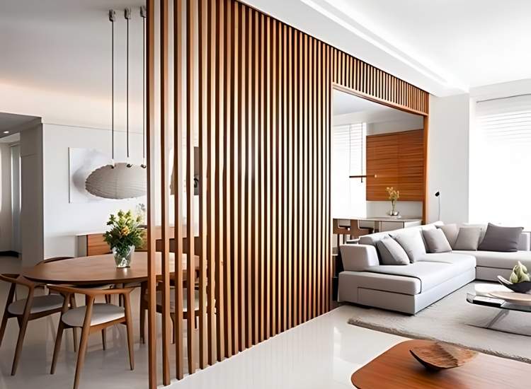 Wood slat partition for a large living room, offering a stylish and airy division while enhancing the space's warmth.