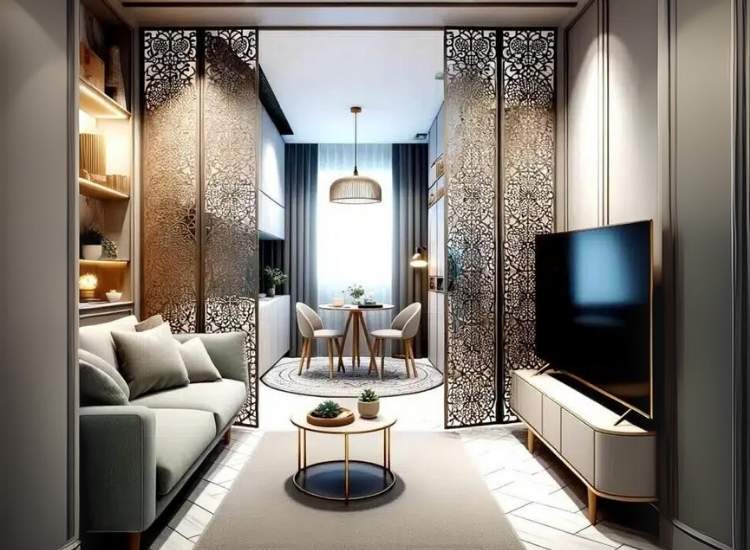 Ornate divider for a small room, adding a decorative touch while efficiently creating distinct, cozy spaces.