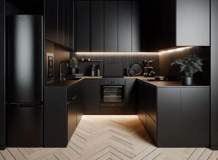 Stylish all-black kitchen featuring black walls and matching furniture, creating a bold and sophisticated ambiance.