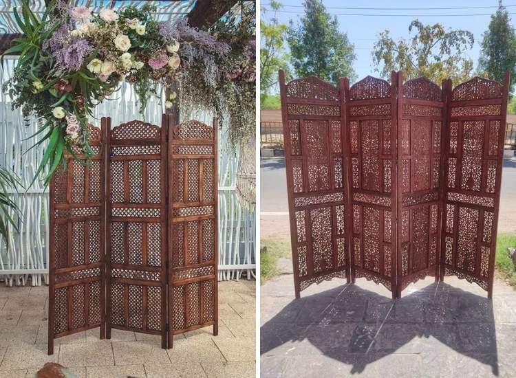 Intricately carved wooden jali partition, showcasing detailed patterns and a foldable design.