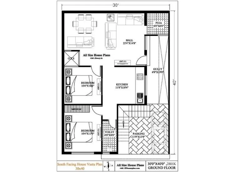 7. Popular South Facing Layouts You Should Explore 1 "30x40 ft single floor 2BHK south facing house plan with vastu features and compact front elevation design"