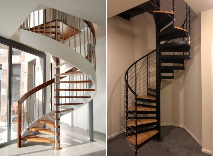 Modern spiral staircase in a contemporary home, featuring sleek lines and an open design that enhances the living space.