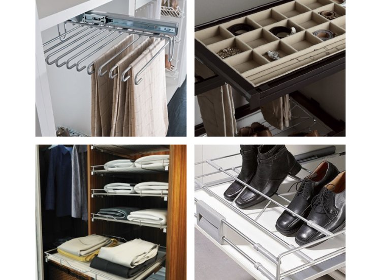 Wardrobe fittings tailored for different use cases, including hanging space, drawers, and shoe racks for optimal organization and accessibility.