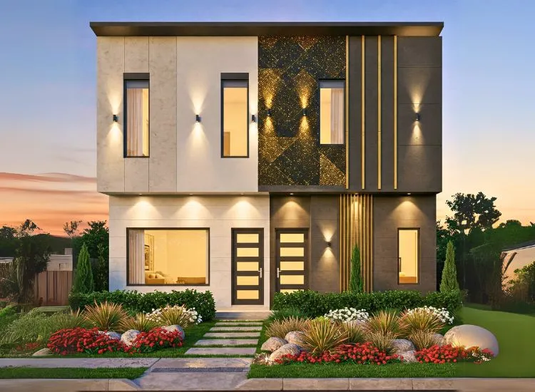 8. Colour Combination Enhance your two-floor home's elevation with stunning color combinations! Create a stylish and harmonious facade with the perfect hues.