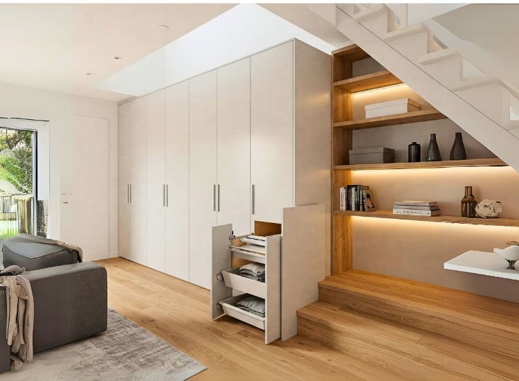 8. Storage Optimization Penthouse design with clever storage optimization, featuring built-in shelving, hidden compartments, and sleek cabinetry to maximize space without sacrificing style.