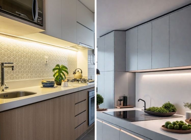 Well Equipped Kitchen Featuring A White Countertop And Under Cabinet Task Lighting Providing Focused Light For Working