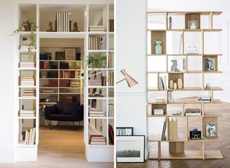 White bookshelf partition in a living room, creating a stylish division while displaying books and decor.