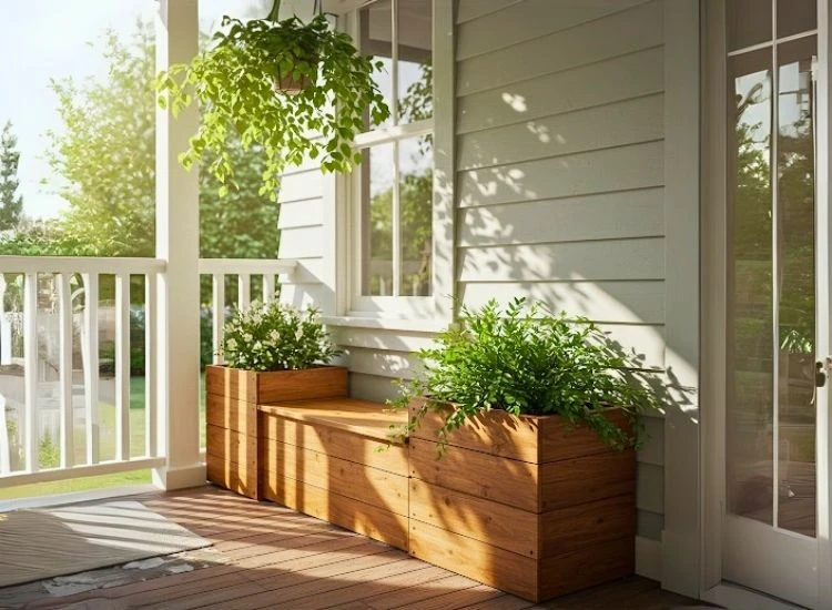 82. Bench with Plant Containers Entry Setup Charming entryway bench with plant containers adds natural flair to foyer entrance design and outdoor home decor.