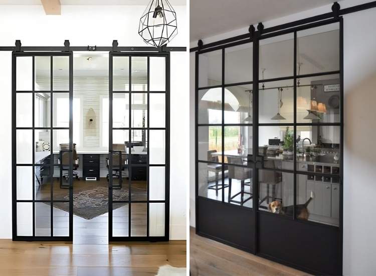 Modern metal and glass sliding door, offering sleek design and seamless access to living and dining spaces.