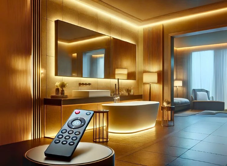 A bathroom showcasing remote-controlled dimmable lighting A bathroom showcasing remote-controlled dimmable lighting